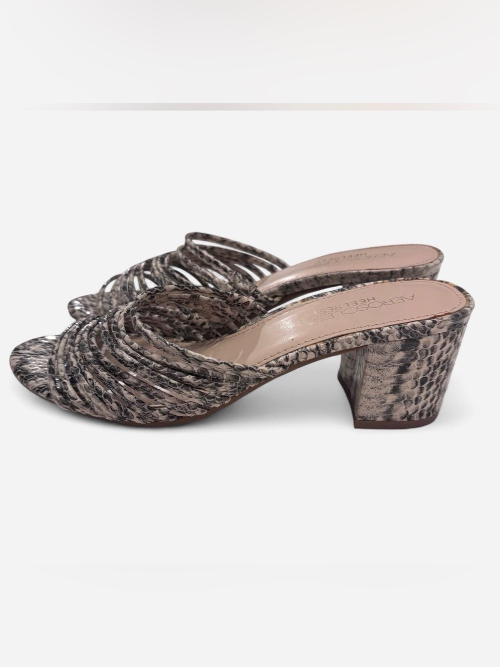 AEROSOLES Taupe Snake-Print Braided Block Heel Mules